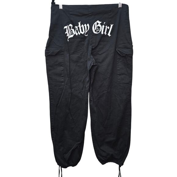 Y2K Pants Baby Girl Old English Back Spellout Black White Jogger Cargo Stretchy - Picture 1 of 9